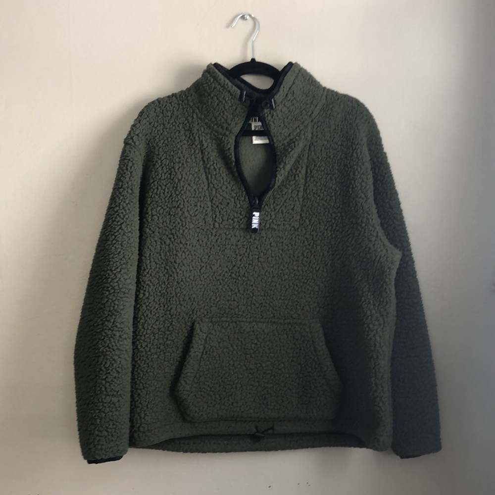 VS Pink Olive Green Sherpa Sweater